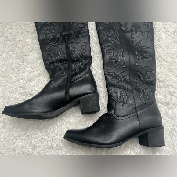 Black Western Embroidered Knee High Cowboy Boots Pointed Toe Festival Boots - Picture 4 of 16